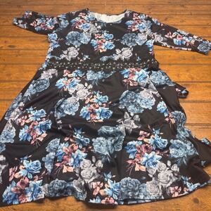 BEDOAR Black Blue Floral Lace Waist Fit Flare Midi Dress Size 20